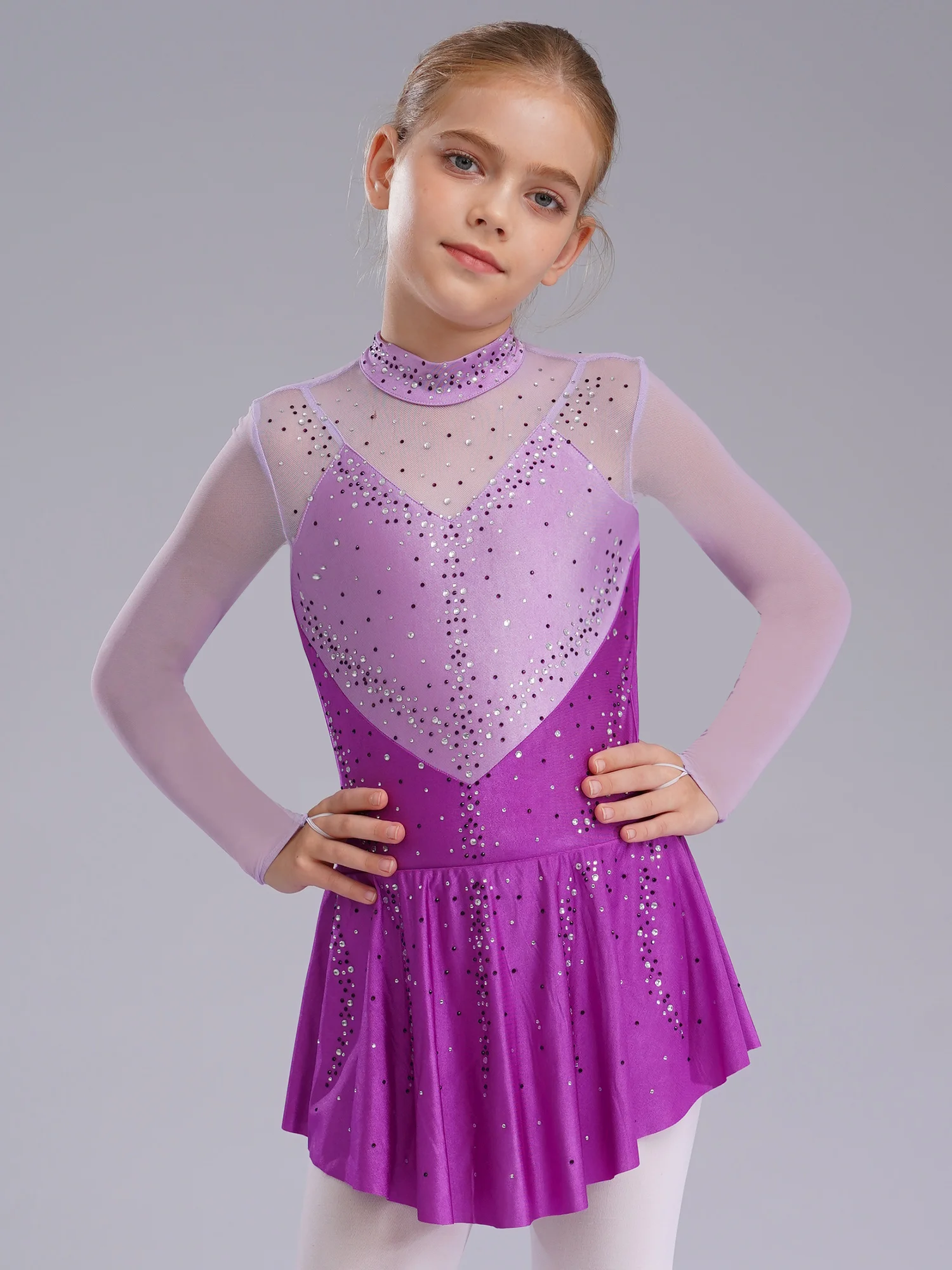 Kids Girls Rhinestones Figure Skating Dress Ballet Dance Rhythmic Gymnastics Performance Costume Long Sleeve Sheer Mesh Leotard