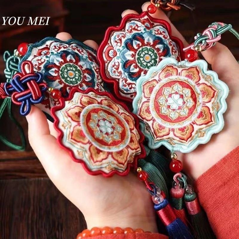 Buddhist Item Amulet Embroidery Circular Flower Texture Car Center Console Pendant,Trinket Souvenir Remove Unpleasant Odors Bag