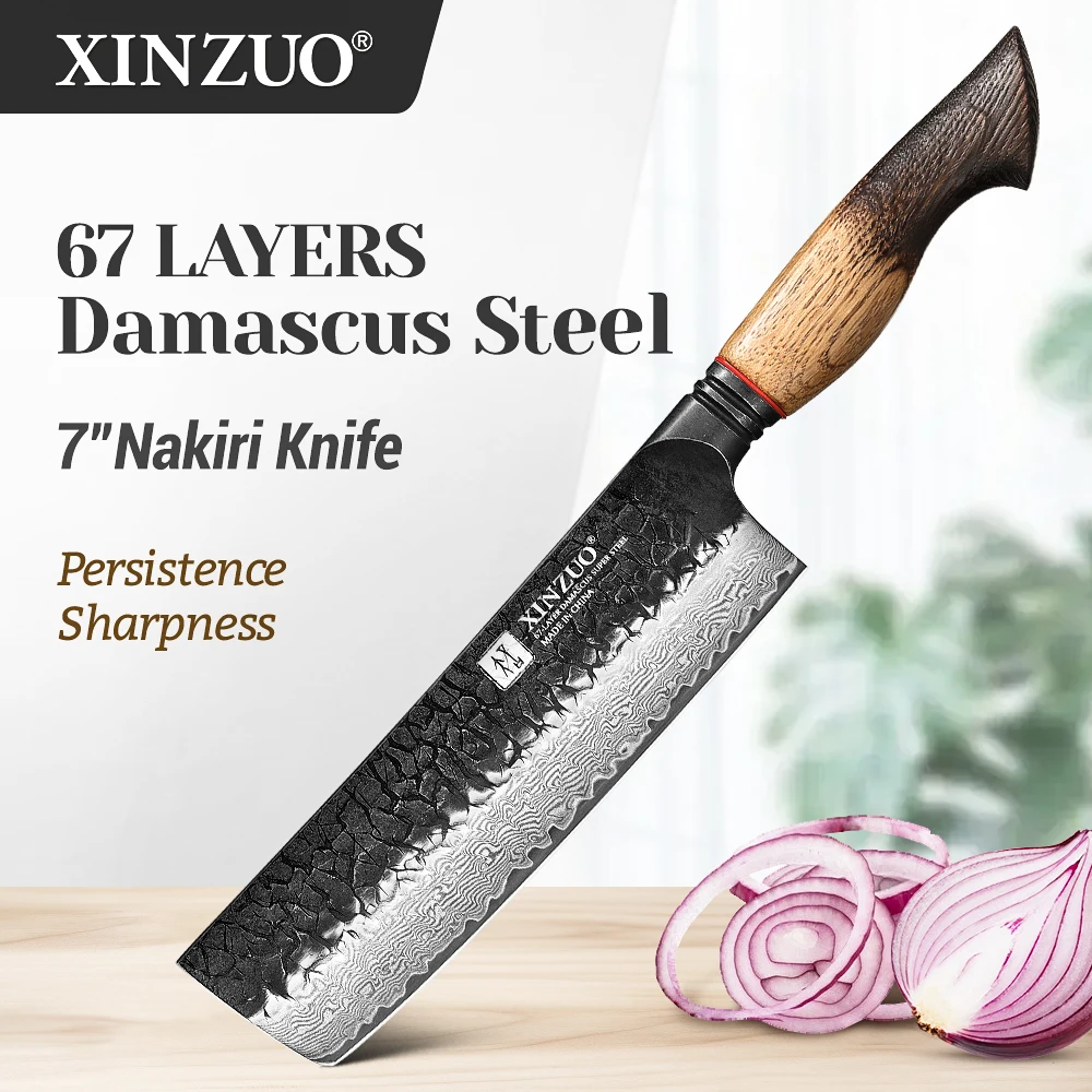 XINZUO Kitchen 7‘’ Nakiri Knife 67 Layers Damascus Steel Knife White Oak Handle Ideal For Meat Cleaver Slicing Vegetable Fish