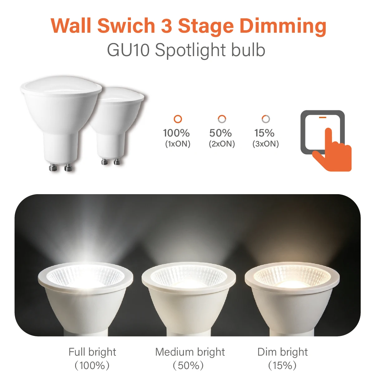 3‑Way GU10 LED Spot Bulb Flicker‑Free, Wall On‑Off Switch Dimmable, 100% 50% 15% Brightness, 220V Fit Floor Bedside Lamps