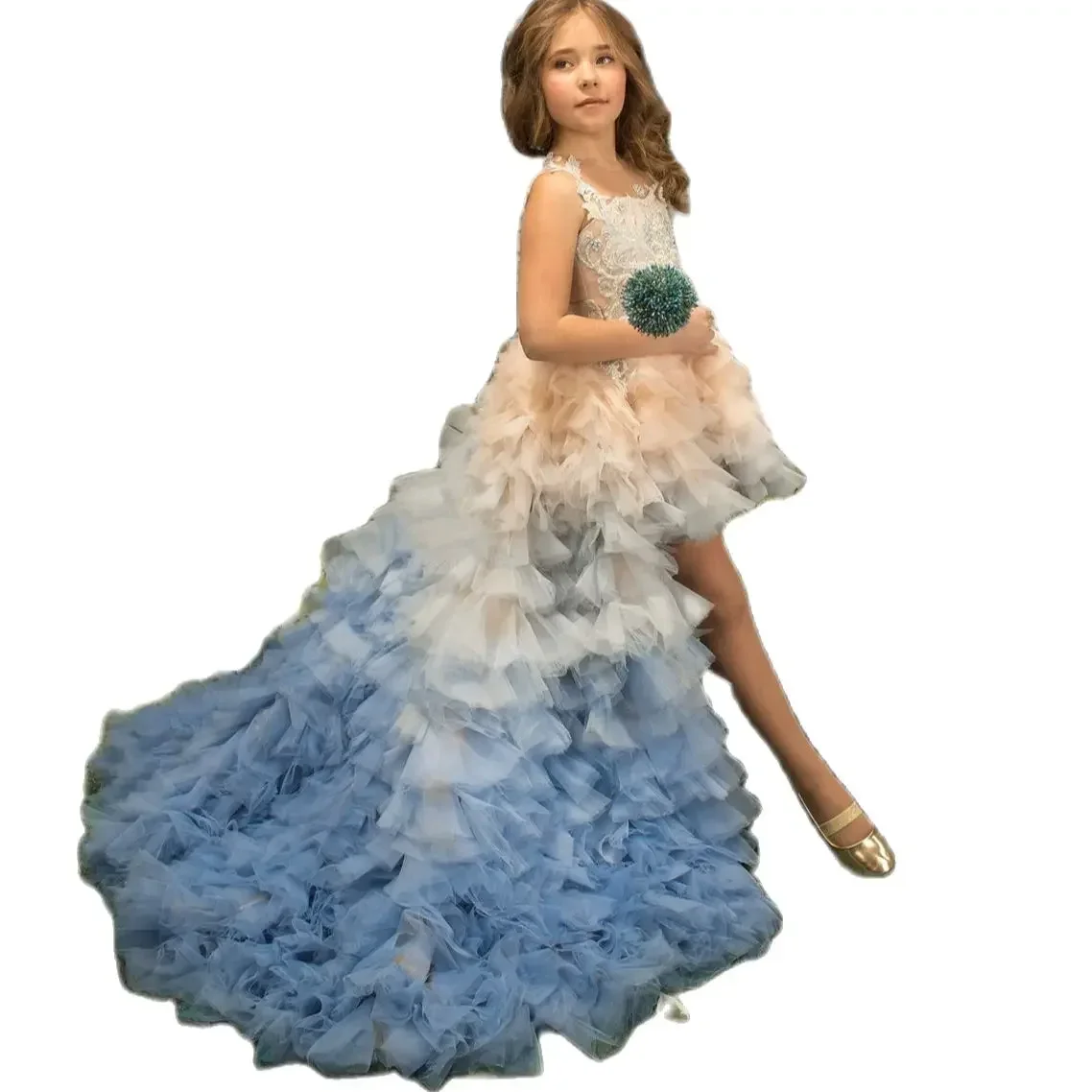 Tiered Tulle Flower Girl Dresses For Wedding With Detachable Train High Low Toddler Girls Pageant Dress Kids Party Ball Gown