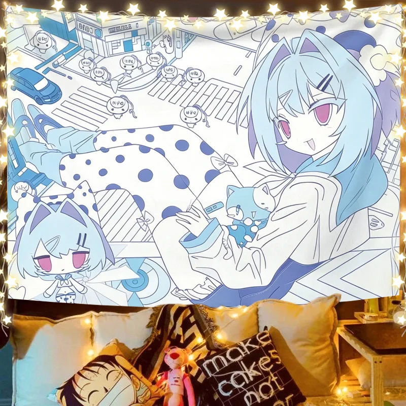 VIKAMA Cartoon Anime Girl Tapestry, Sweet-Style Light-Toned Background Cloth, Photo Backdrop for Bedrooms and Living Rooms
