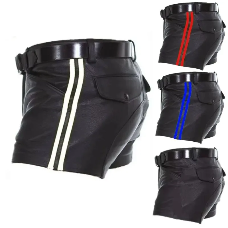 Men Black PU Leather Shorts Summer Casual Biker Motorcycle Side Stripes Buckle Back Pocket Streetwear Clubwear Male  Short Pants