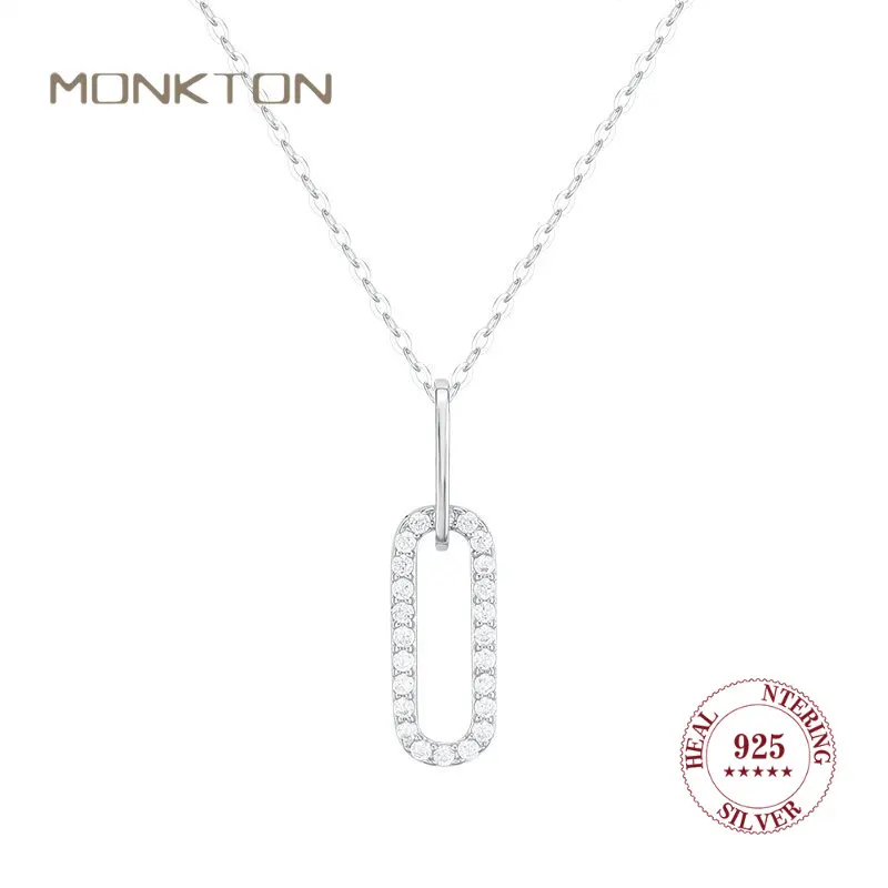 

Monkton 925 Sterling Silver Paper Clip Shape Pendant Necklace For Women Hollow Zircon Collarbone Chains Choker Fine Jewelry