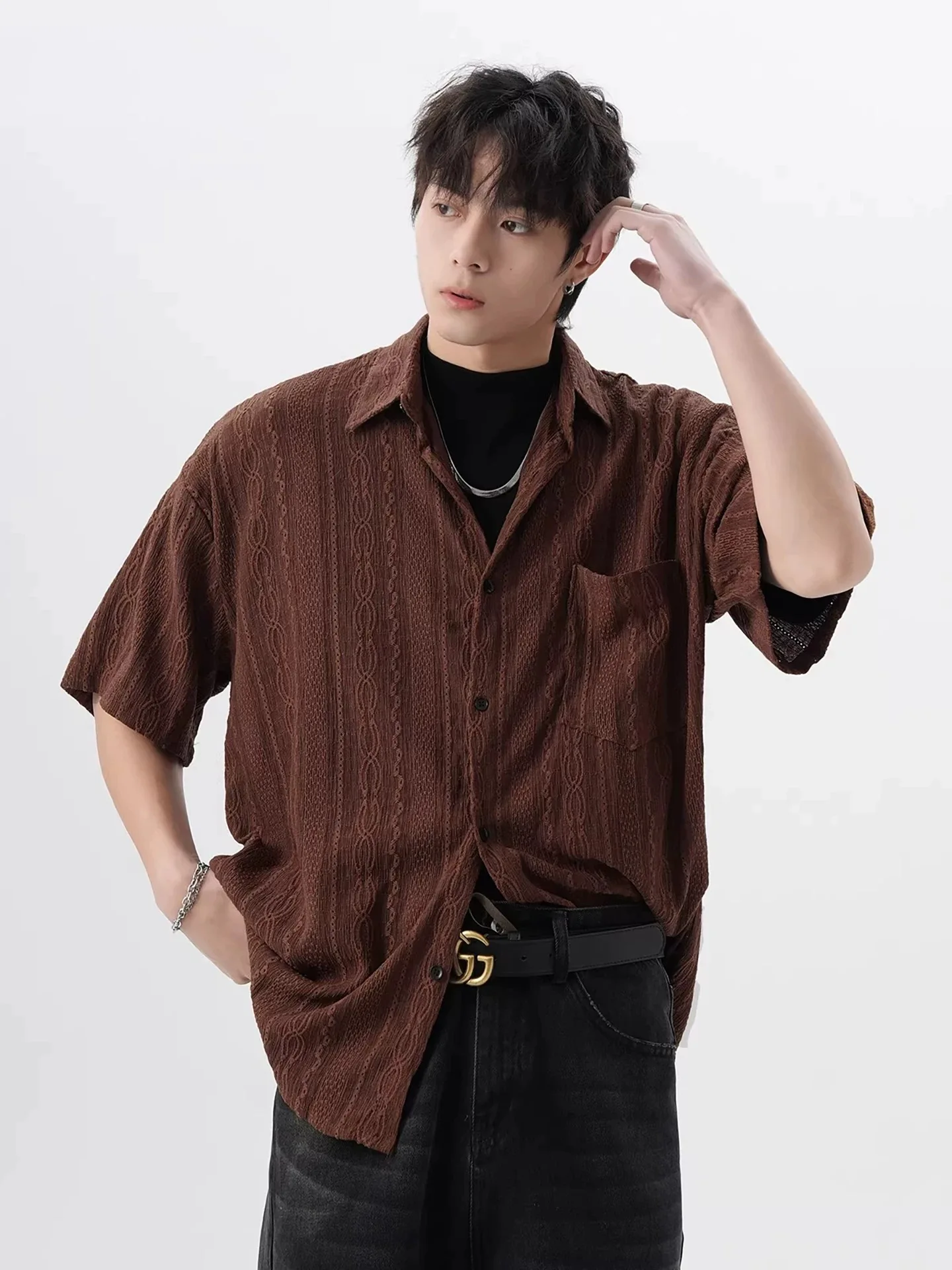 Men City Boy Coffee Solid Trendy Shirts Tops Male Quality Jacquard Smart Casual Business Office Blouse Summer Formal Workwear