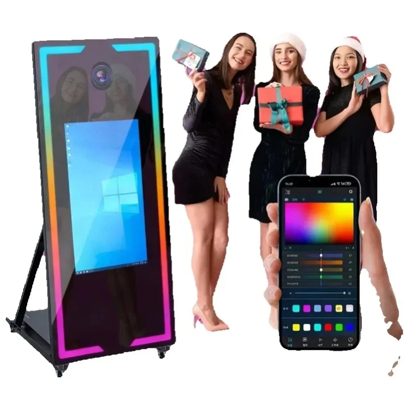 Tragbare 43-Zoll- und 65-Zoll-SLR-Touchscreen-Fotoboxen, Magic Mirror-Fotoboxen mit Beleuchtung, geeignet für Hochzeiten und Veranstaltungen.