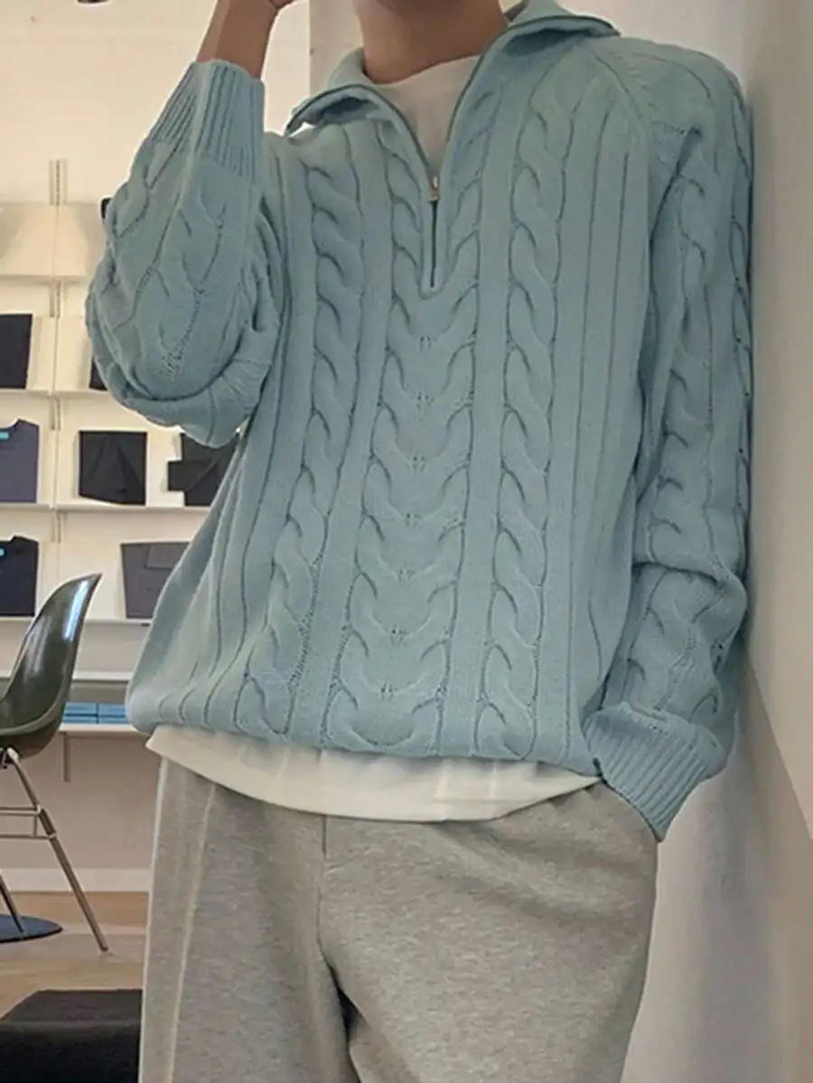 Light Blue Cable Knit Quarter Zip Sweater for Men, Casual Daily Wear