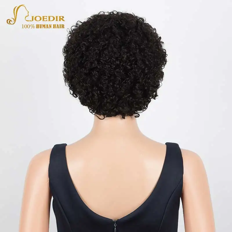 Joedir Short Cheap Pixie Kinky Curly Human Hair Wig For Black Women Brazilian Remy Hair Natural Dark Ombre Brown Afro Curl Wigs