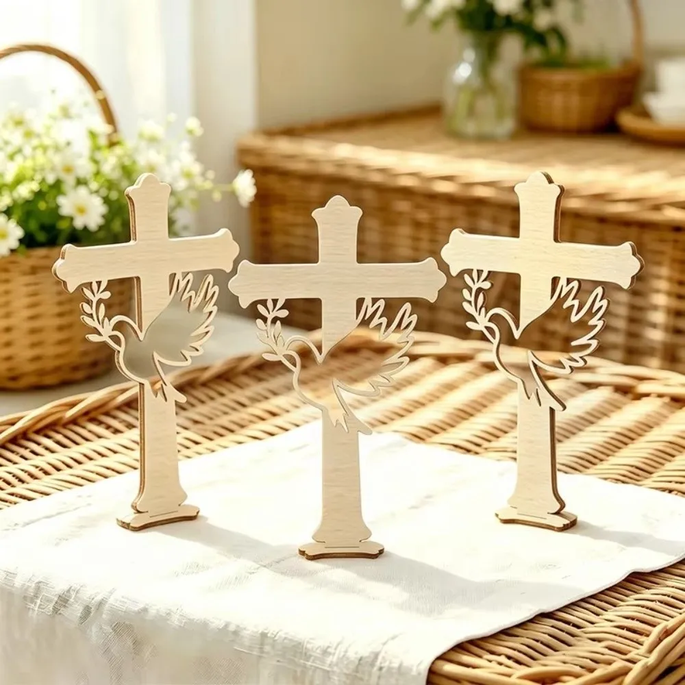 10Pcs Decorative Cross Wooden Peace Dove Cross Wood Hollow Dove Dove Cross Cutout Ornament with Base Craft Style