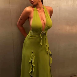2025 Summer Sexy Backless Ruched Party Evening V-neck Halter Split Green Flower Decorative Maxi Dress for Women Beach Party