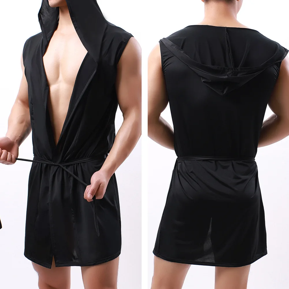 Youth Bathrobe Milk Silk Smooth for Men Hat Sleeveless Thin Nightgown with Underwear Set Teenager Home Bottom Lingerie Sleepwear