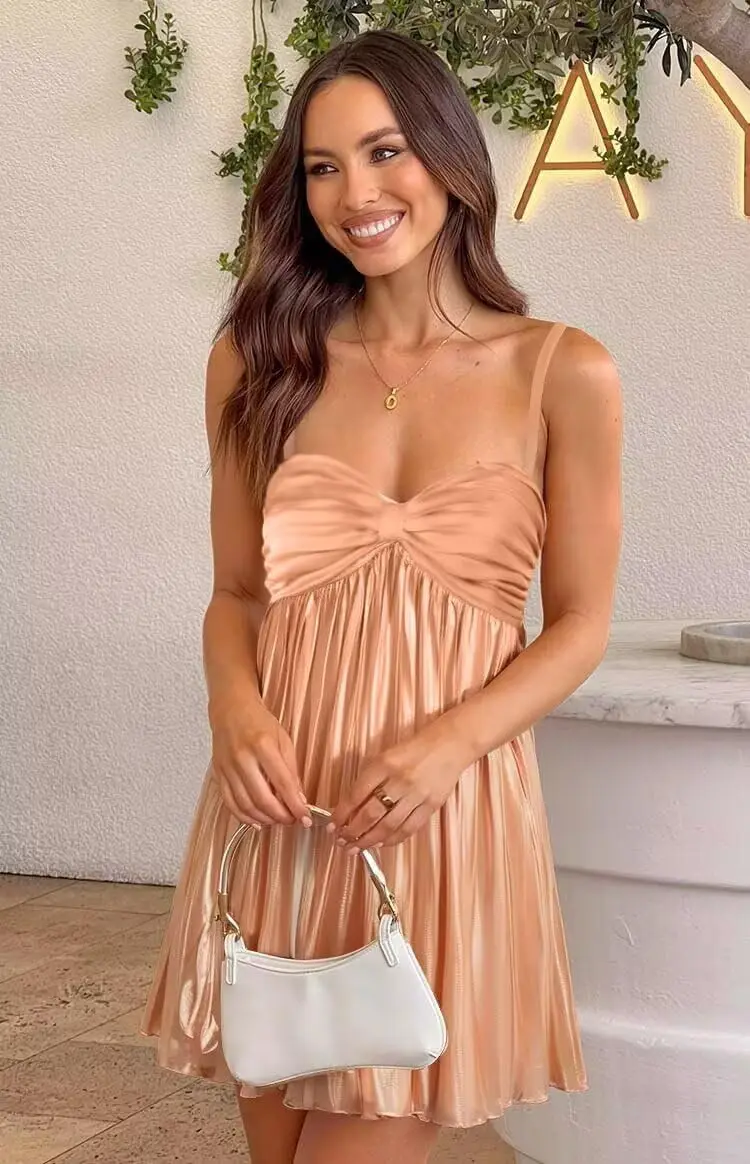 Sukienka młodzieżowa z dekoltem w serek, mini spódniczka, krótka sukienka na powrót do szkoły, sukienka balowa na cienkich ramiączkach, elegancka damska sukienka wieczorowa, z kieszenią, 2025