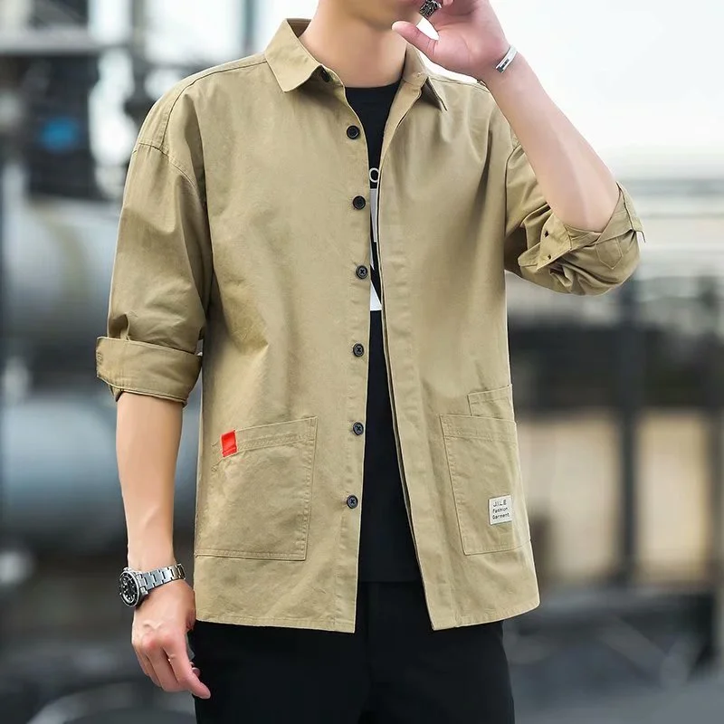 Men's Casual Work Shirt Jacket Durable Dirt-resistant Spring Autumn Construction Auto Repair Loose Fit Long Sleeve Polyester