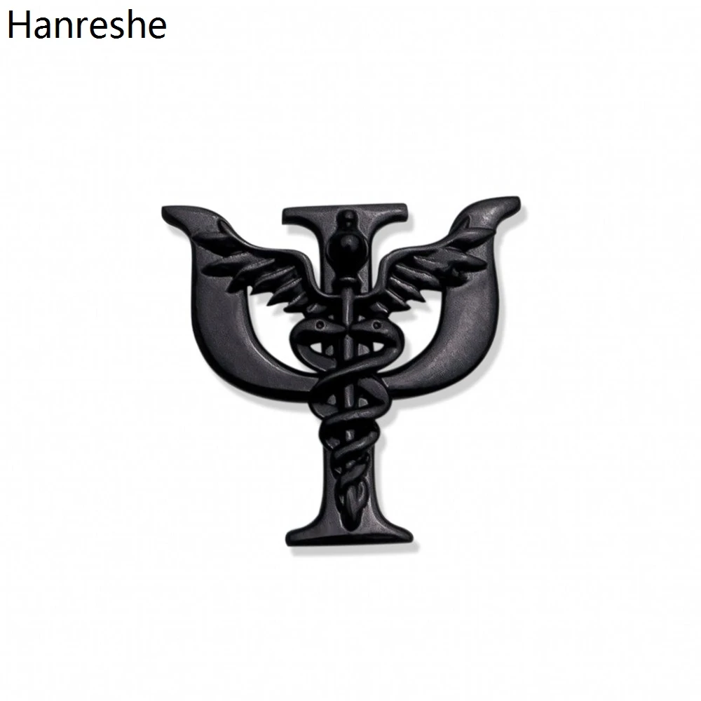 Hanreshe Psi Caduceus Black Enamel Brooch Medical Psychology Lapel Coat Snake Stick Badge Pins Jewelry for Psychiatrist Doctor