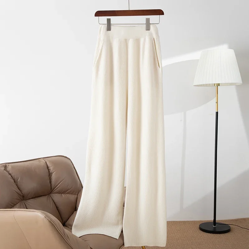 Pantaloni a gamba larga a vita alta in pura lana al 100% per le donne in autunno e inverno indossano pantaloni casual per pulire i pendolari dritti lavorati a maglia.