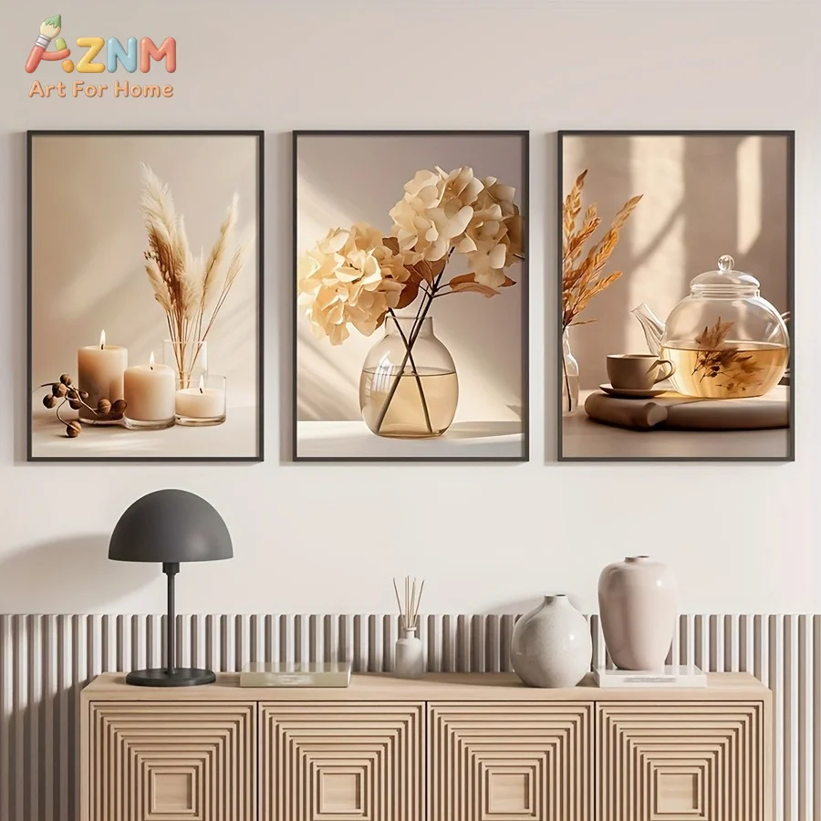 1pc/3pcs Minimalist Beige Flowers Modern Wall Art Prints, Cream Hydrangea Botanical Canvas Posters, Photo Floral Gallery Wall