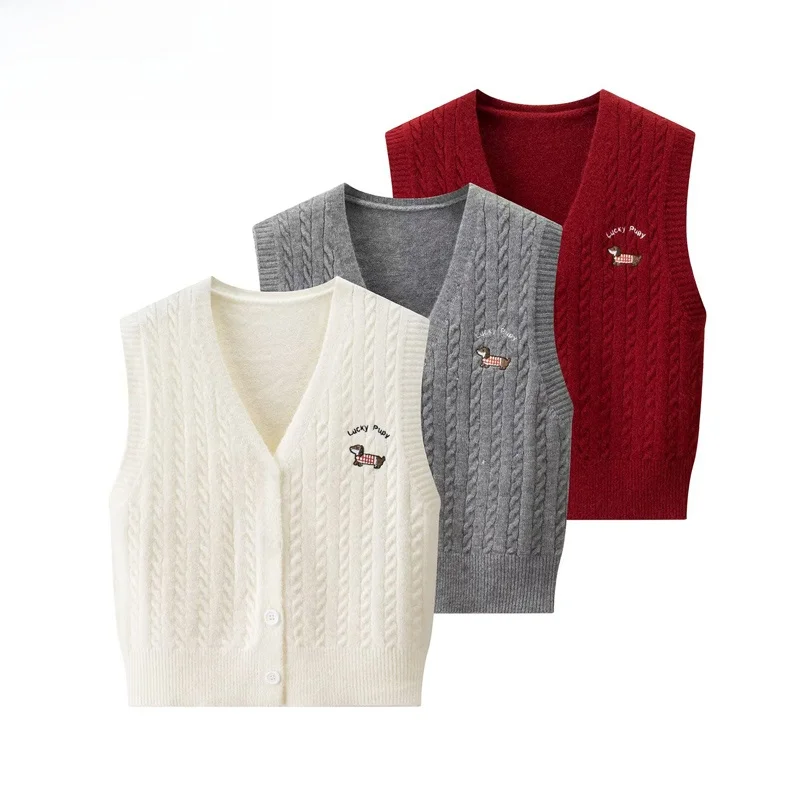 

ZBZR Autumn New Women's Faion Layered Embroidery Cartoon Dog Braid Outerwear Top V-ne Polyester Fiber 00% Vest