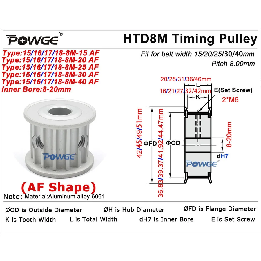  POWGE 15 16 17 18 Teeth HTD 8M Timing Pulley Bore 8-20mm for HTD8M belt width 15/20/25/30/40mm 15T 16T 17T 18T 