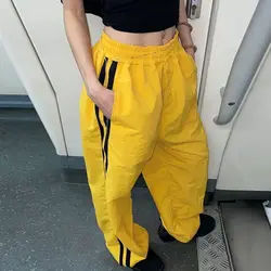 Vintage Yellow Striped Ports Pants Women's Summer New Elastic Waist Solid Loose Trend Wide Leg Pants Casual Fashion Clothing