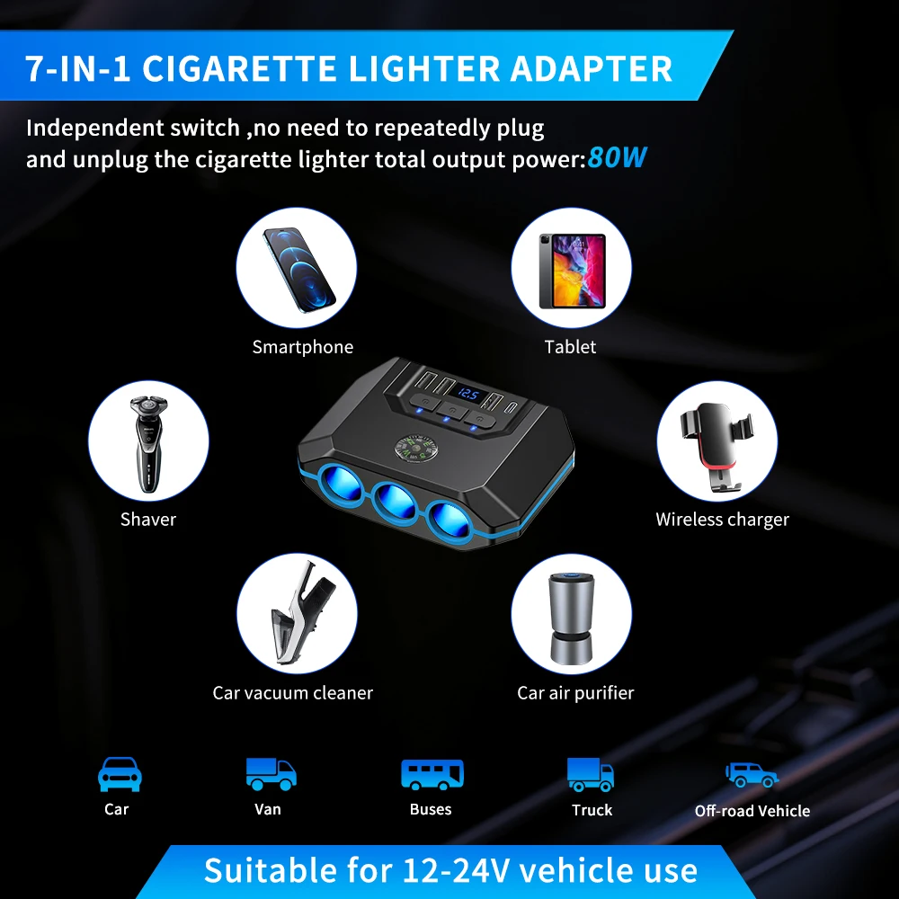 Extractme 120W 12-24V Car Cigarette Lighter Splitter Adapter Auto USB PD Power Socket With ON/OFF LED Car Cigar Splitter Charger