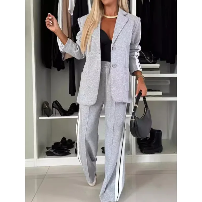 

European and American Foreign Trade New Autumn and Winter Fashion Trends Ribbon Stitching Women's Casual Polo Collar Suit Suit T