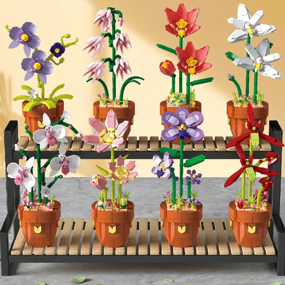 จําลอง Building Block ดอกไม้ดอกทานตะวัน Lotus Potted Plant เดสก์ท็อปเครื่องประดับตกแต่งของขวัญวันวาเลนไทน์ประกอบของเล่น