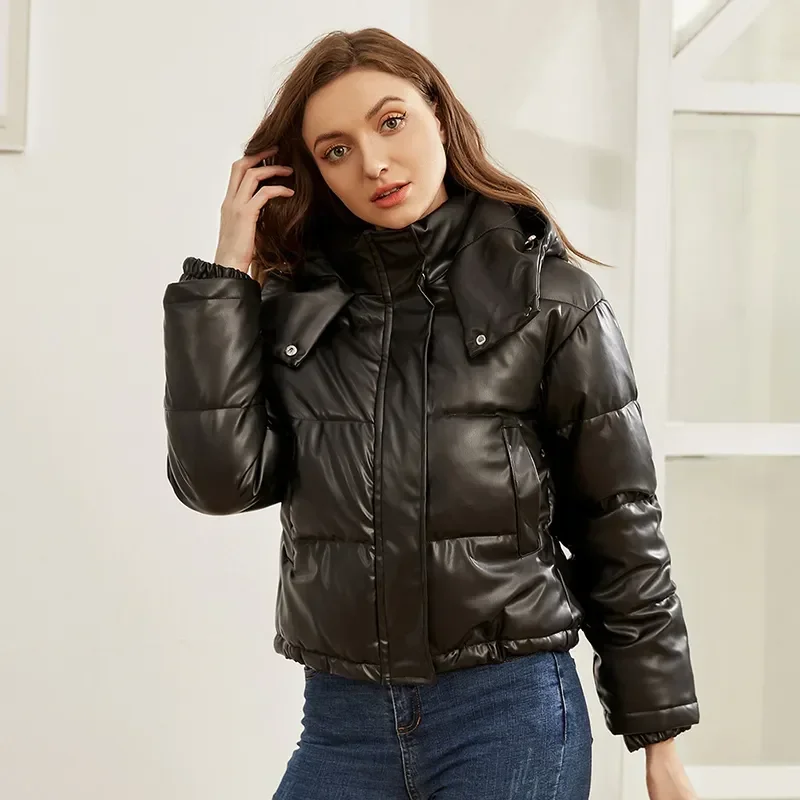 Fashion Hooded Women Pu Parkas Winter Thick Bomber Coat Warm Faux Leather Black Cotton Padded Down Jacket Outwear