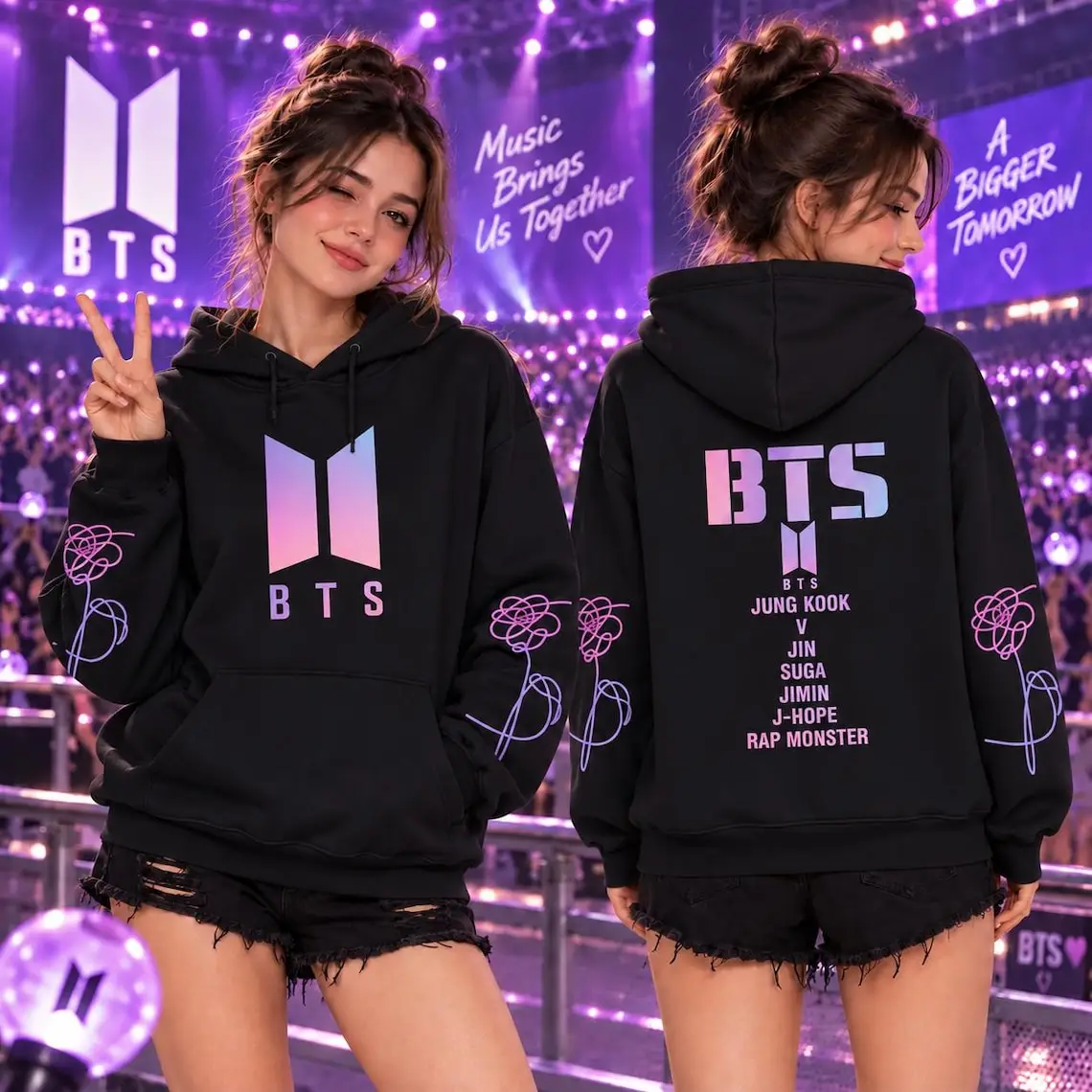 BTS Double Sided Men's and Women's Hoodie Gradient Logo Member Names Floral Sleeve Print Kpop Fans Casual Pullover Sweatshirt
