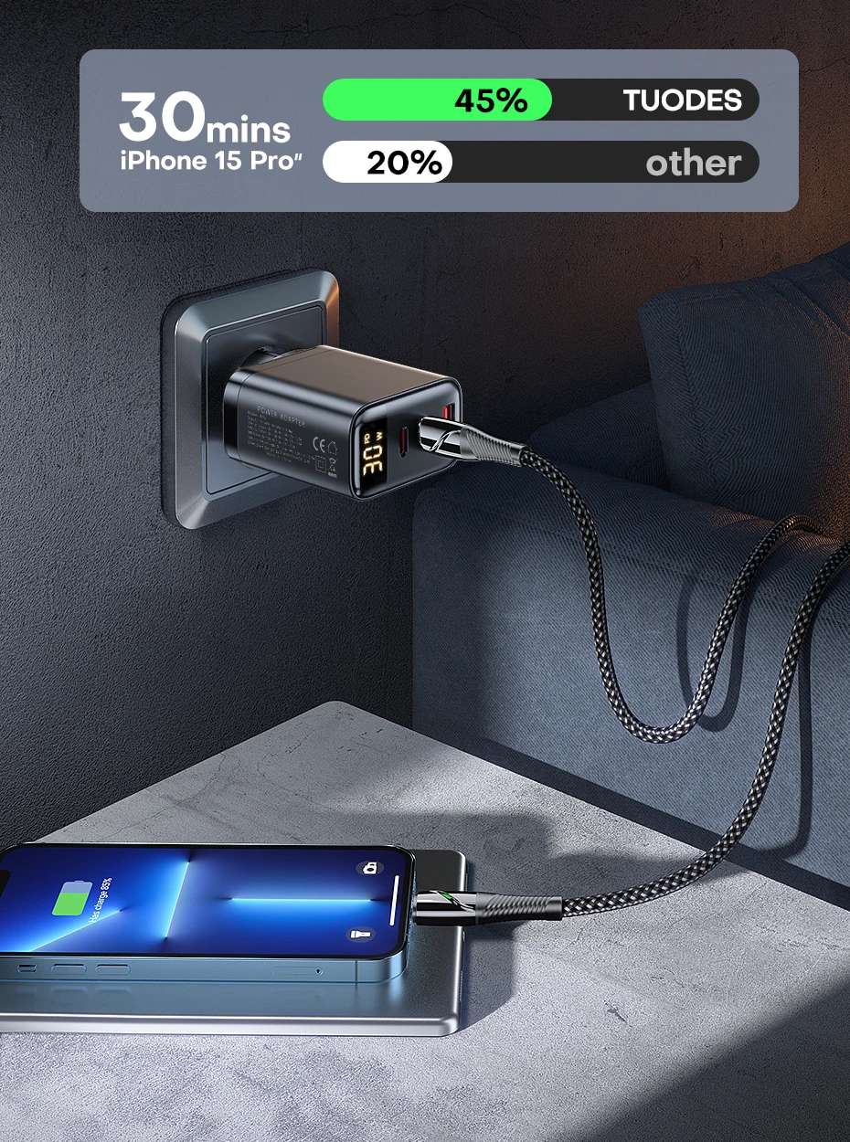 Tuodes 30W GaN USB Charger 3-Ports USB Type C Fast Charging PD3.0 Quick Charge Wall Adapter For iPhone 17 16 Samsung Xiaomi iPad