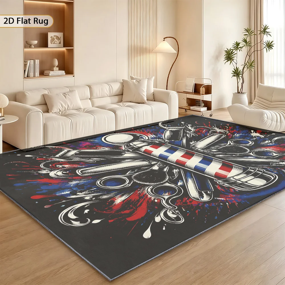 2D Flat Printed Area Rug, Cool Barber‑Tool Pattern, Large‑Size Decor Floor Mat for Living Room, Bedroom, Office, Dining Room