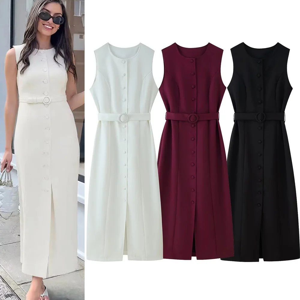 

Chic Elegant Sheath Summer Sash Woman Tank Dress Streetwear Fashion 2025 Buttons Sleeveless Long Split Dress Female Vestidos