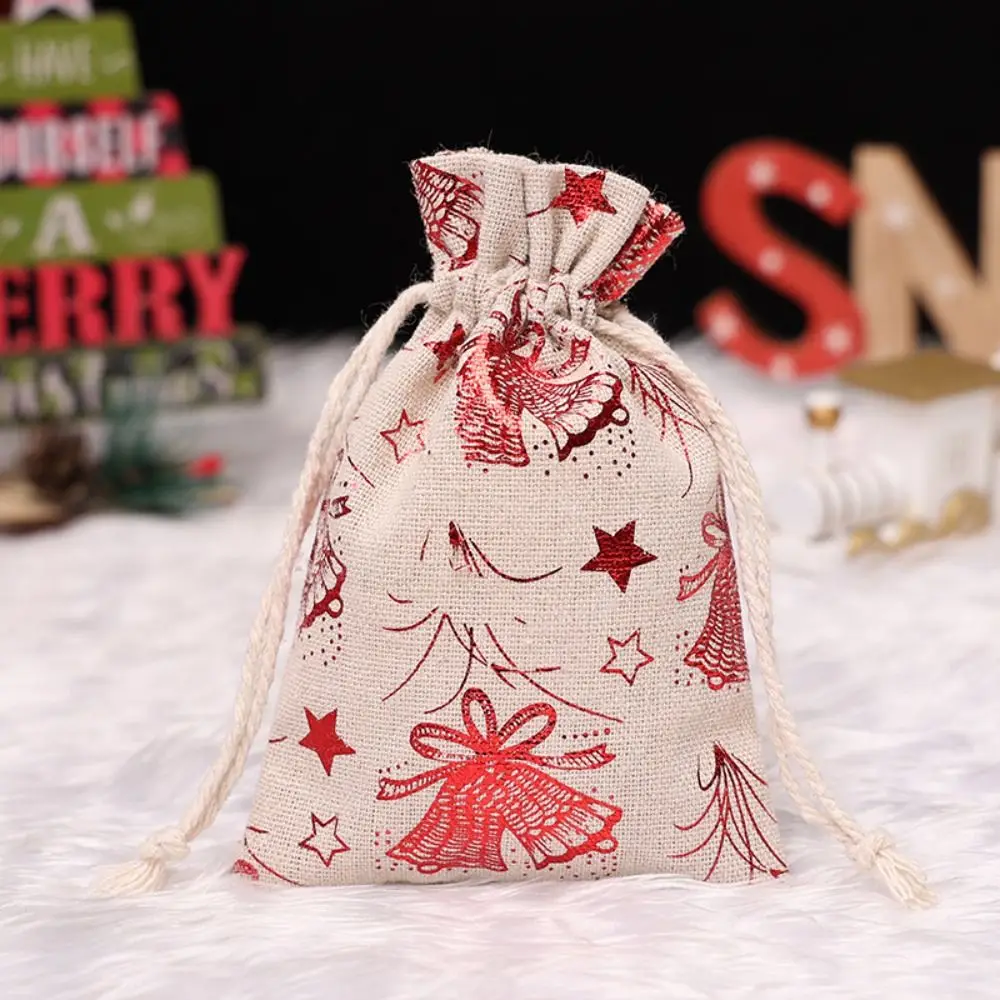 10Pcs Linen Christmas Candy Cotton Bag Hot Gold Santa Claus Christmas Gift Bag Snowflake Drawstring Christmas Bronzing Gift Bag