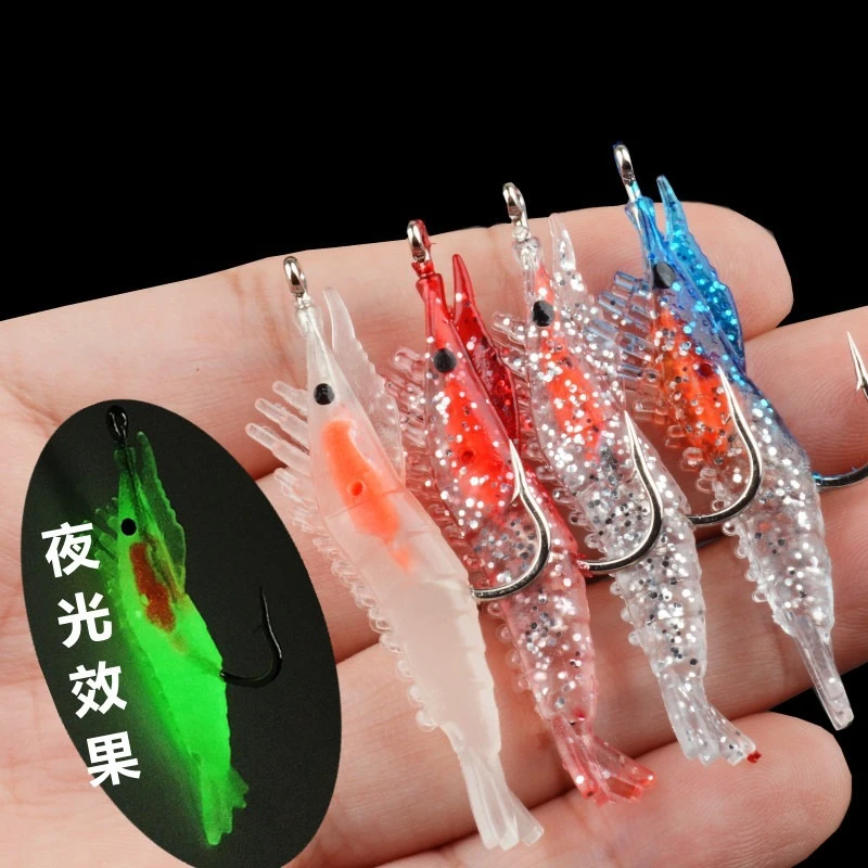 Cebo Artificial de silicona para camarones luminosos de 60mm, simulación de gambas suaves con ganchos, Wobbler de carpa para aparejos de pesca, accesorios de señuelos