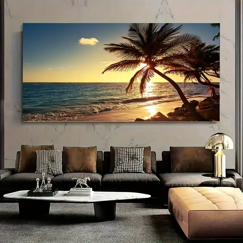 (1PC Unframe)1pc Unframed Canvas Poster, Modern Art, Beach Sunset Wall Art Decor, Large Canvas Print Picture, Sea Wave Palm Seas