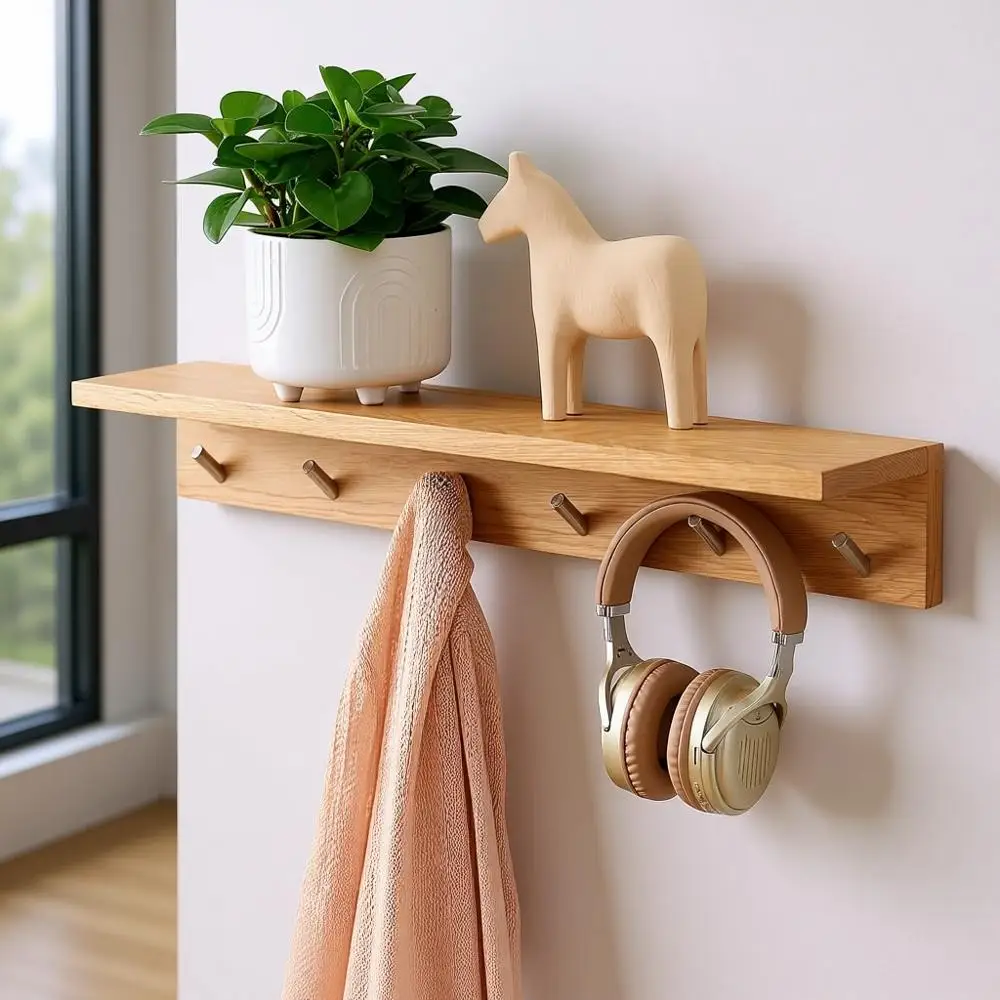 

Oak Wall-Mounted Coat Rack with 6 Hooks and Floating Shelf for Entryway, Bedroom, Living Room, Kitchen (Natural, 27.5)