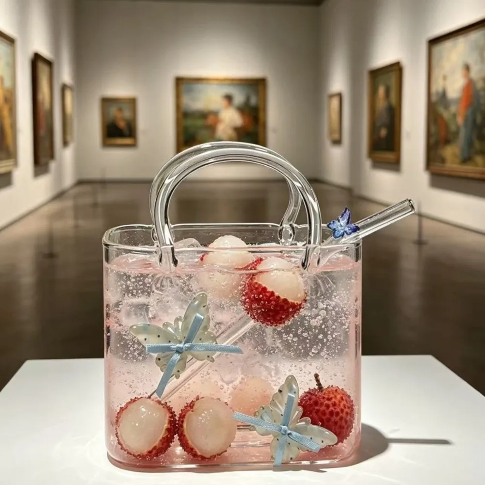 Novelty Handbag Glass Cup with Straw 750ml Capacity Fruit Wine Glass Portable Transparent Drinking Coffee Cup Summer Swimming