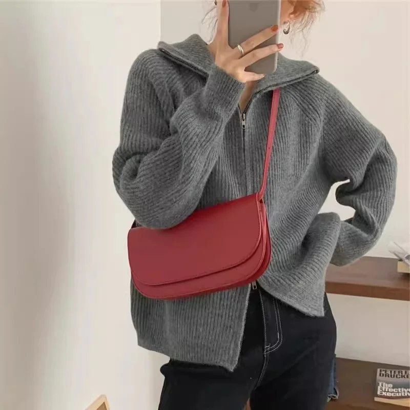 Autumn and Winter Lazy Style High Neck Thickened Knitted Cardigan Korean Instagram Zipper Sweater Flip Neck Sweater for Women