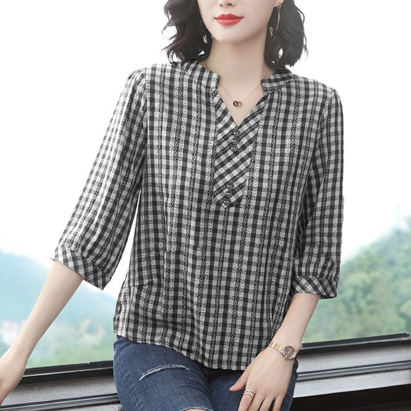 Vintage Plaid Printed Embroidery Hollow V-neck Half Sleeve Loose Tops Blouses for Women 2023 Summer Fashion Casual Button Shirts