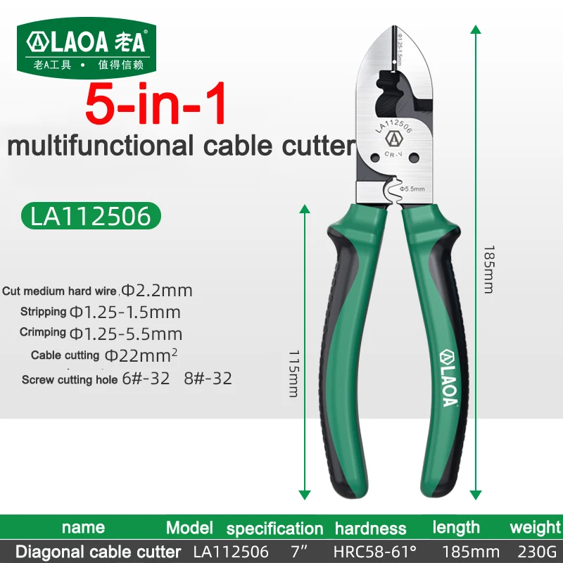 LAOA 5-in-1 Multifunctional Diagonal Cable Cutter, Wire Stripper, Electrician's Special Wire Cutter, Terminal Crimping Pliers