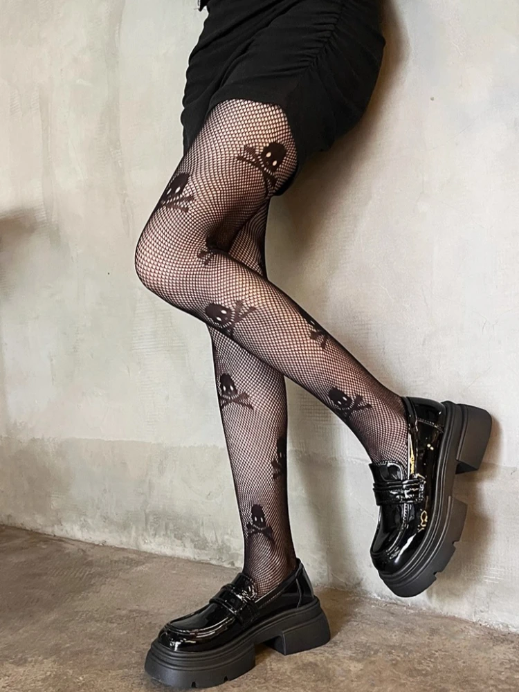 المرأة الشرير القوطية الجمجمة نمط الجوارب رقيقة شير مثير شبكة جوفاء التدريجي جوارب شبكية النمط الياباني JK لوليتا جوارب طويلة #5