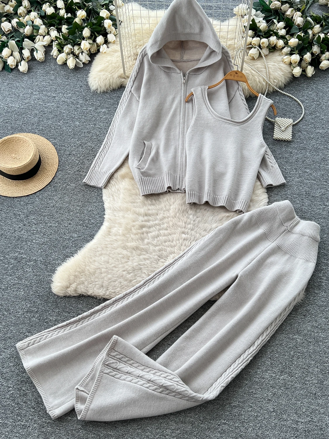 Ladies' Autumn Commute Style Knitted Open Cardigan High Waist Wide Leg Pants Sleeveless Three-Piece Set Slimming Trendy Fashion