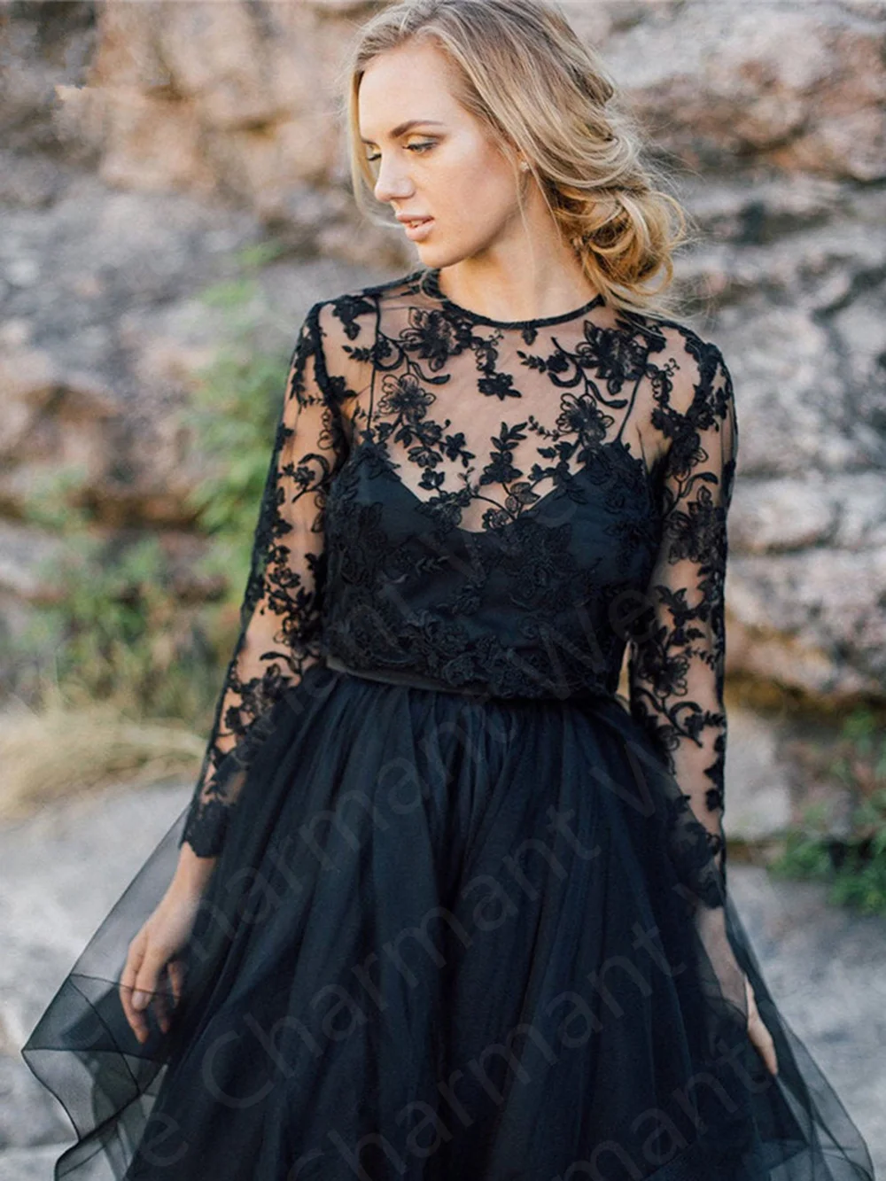 Vestido de renda de duas peças com saia em camadas, mangas compridas vestido de baile preto, bolero, festa de casamento, nova chegada