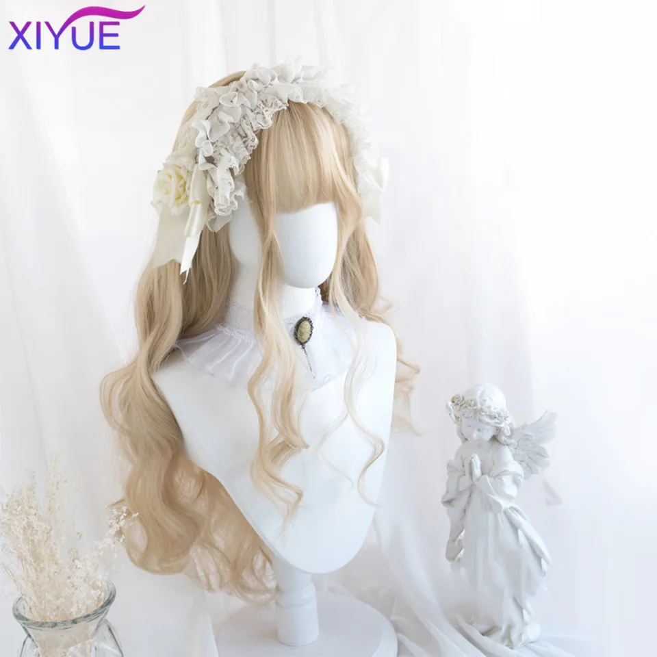 Cosplay Wig Long Natural Wavy Platinum Blonde Wigs with Bangs Cosplay Party Lolita Synthetic Wigs for Women Heat Resistant Fiber