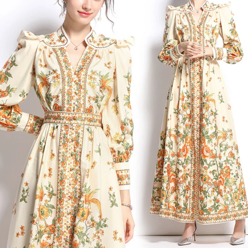 Large V-neck Dress Ethnic Style Printing Handmade Bag Buckle Embellishment Comfortable and Breathable Long-sleeved Slim-fitting