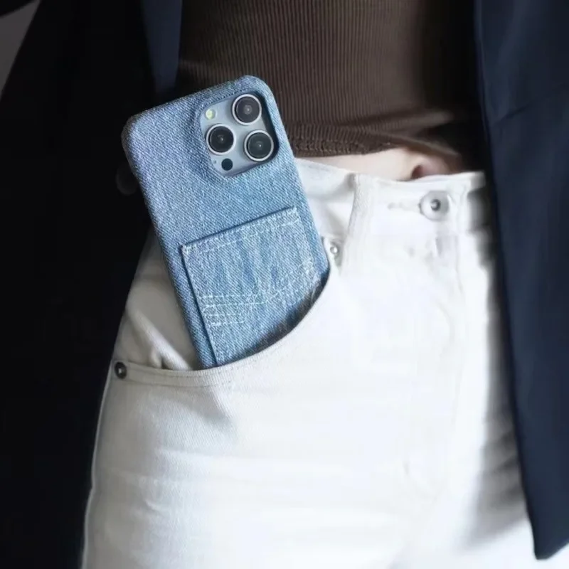 Fashionable denim card bag style case Suitable for iPhone 15 14 13 12 promax full coverage micropyle hole hard case phone cases