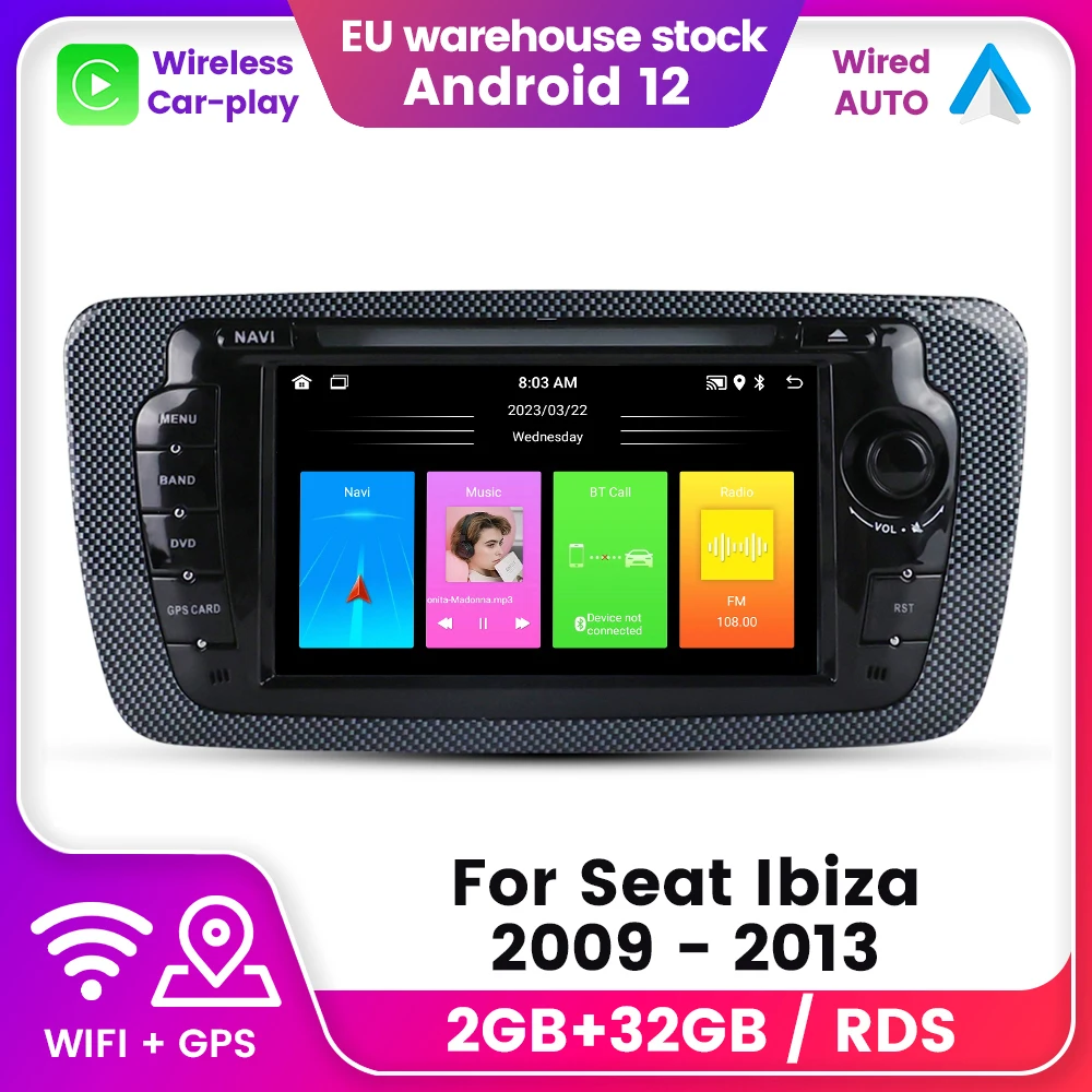 For Seat Ibiza 2009 2010 2011 2012 2013 Android Auto AUTO Radio Stereo WiFi CarPlay Car Multimedia DVD Player RDS GPS Navigation