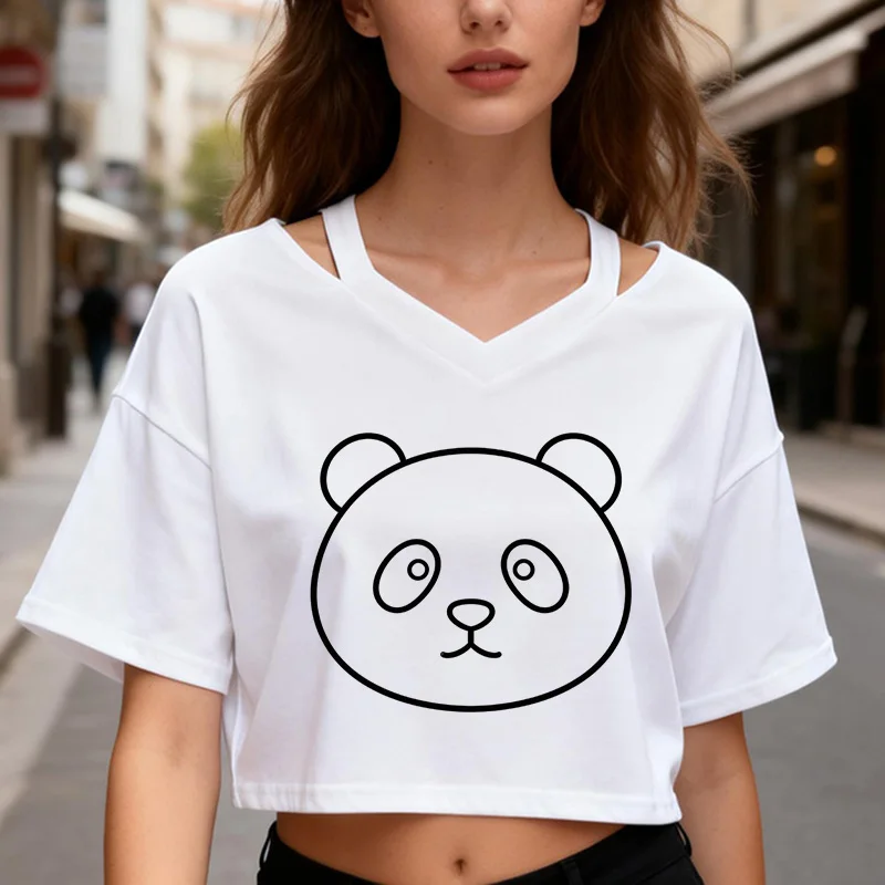 Funny Panda Print Kawaii T-shirt Women‘s Summer Cropped T Shirt Girl Casual Short Sleeve V-neck Crop Tops Female Clothing