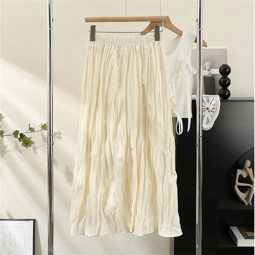 Gowyimmes 2025 New Spring Big Size Women Midi-Long Pleated Skirt Summer Fashion Slim Lady Elastic Waist A-line Skirts Femme 1763