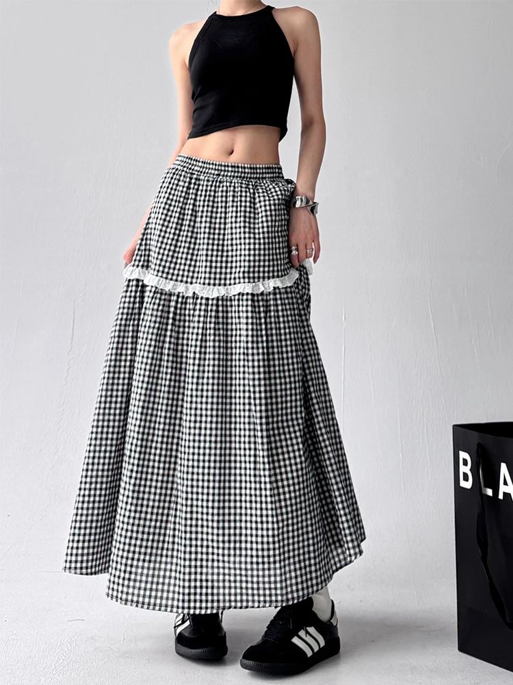 Gonna a trapezio scozzese a vita alta Primavera Estate da donna Nuova gonna lunga con elastico in vita patchwork con finiture in pizzo