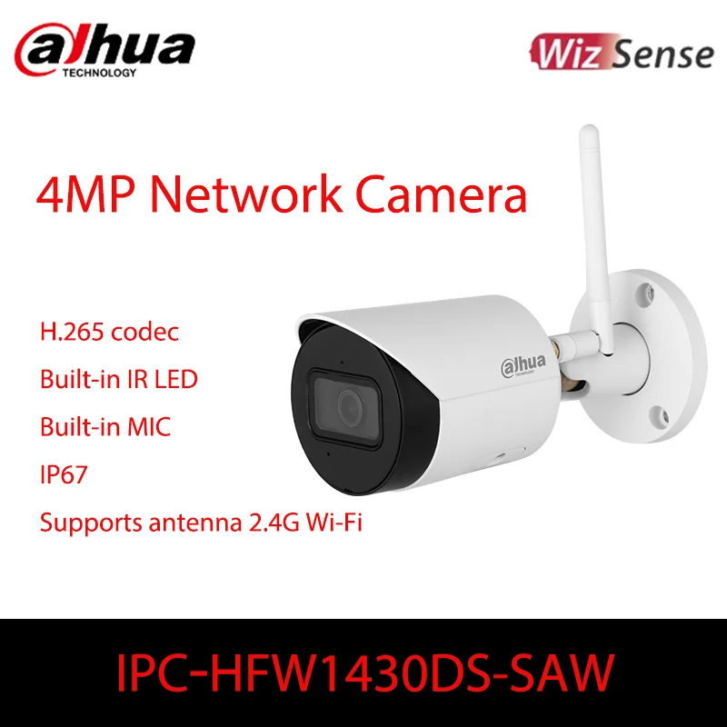 

Original Dahua 4MP IPC-HFW1430DS-SAW Wi Fi bullet head network camera IP67 protective metal shell with built-in MIC